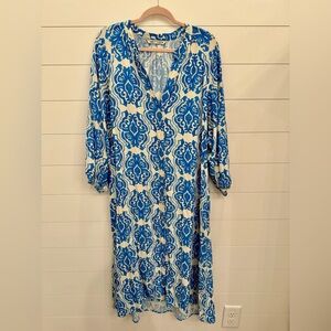 Women’s ZARA Blue White Printed Boho Motif Midi Dress XXL EEUC!